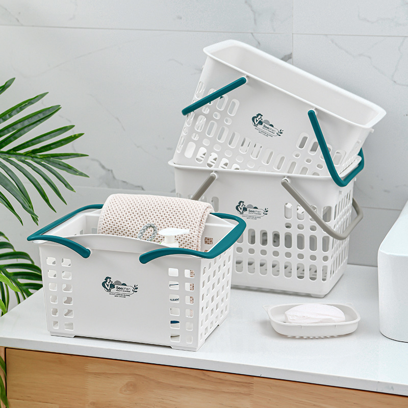 Factory direct sales of bathroom storage baskets, plastic hollowed-out bath baskets, hand-held storage baskets, household bathroom bath baskets, and dirty clothes baskets Specification image