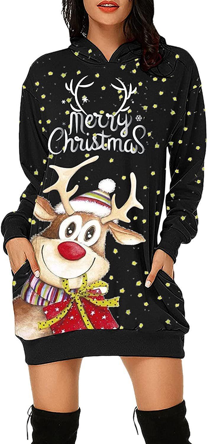 Cross-border European and American women's long-sleeved hoodie dress 2021 autumn new Amazon Christmas print hooded dress Specification image