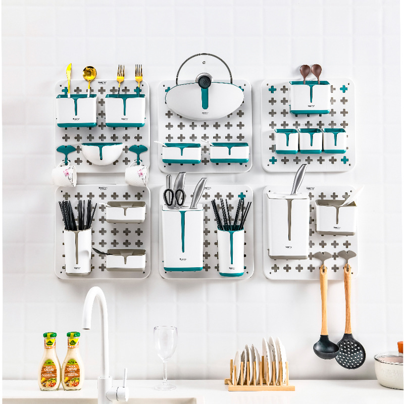 创意网红洞洞板置物架免打孔收纳架厨房调料架沥水刀架锅盖架挂钩