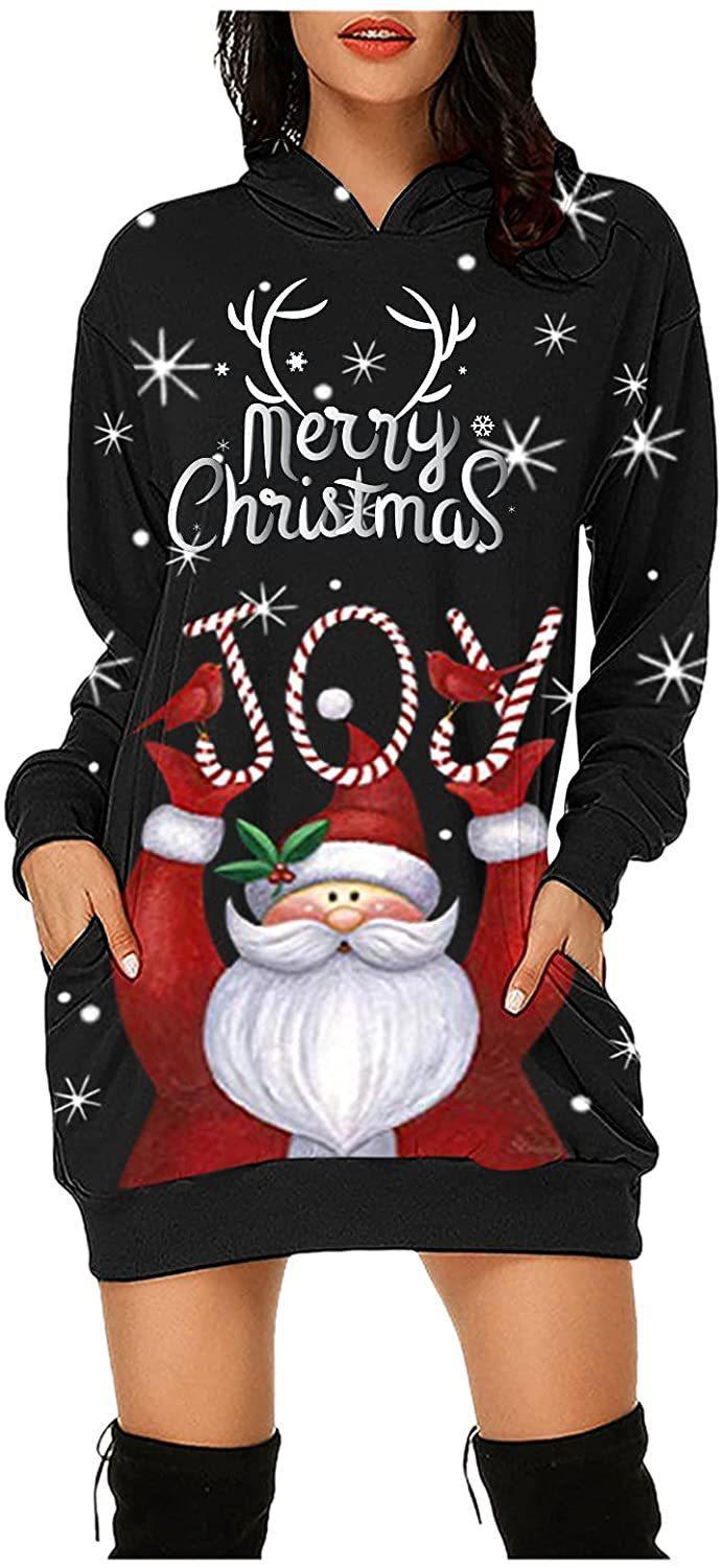 Cross-border European and American women's long-sleeved hoodie dress 2021 autumn new Amazon Christmas print hooded dress details Picture