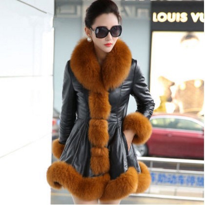 Korean winter faux fur coat, women's faux fox fur collar leather jacket, down jacket, cotton-padded jacket, long sleeves, mid-length style, slim fit Specification image