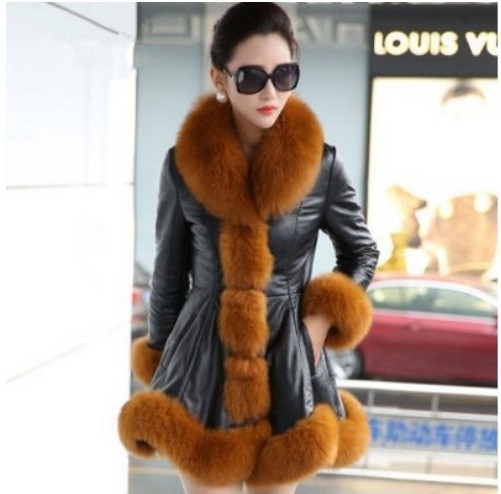 Korean winter faux fur coat, women's faux fox fur collar leather jacket, down jacket, cotton-padded jacket, long sleeves, mid-length style, slim fit Item Picture