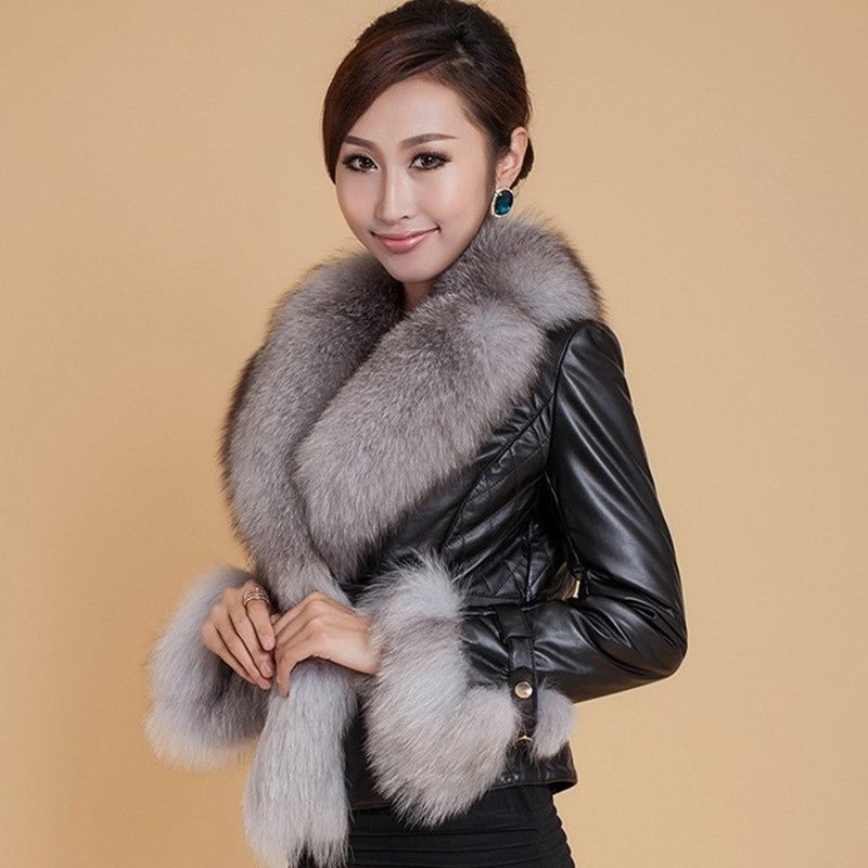Faux fur coat - 2021 Women's short faux fox fur collar large-sized fur coat, PU leather cotton jacket coat