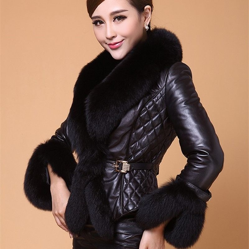 Faux fur coat - 2021 Women's short faux fox fur collar large-sized fur coat, PU leather cotton jacket coat details Picture