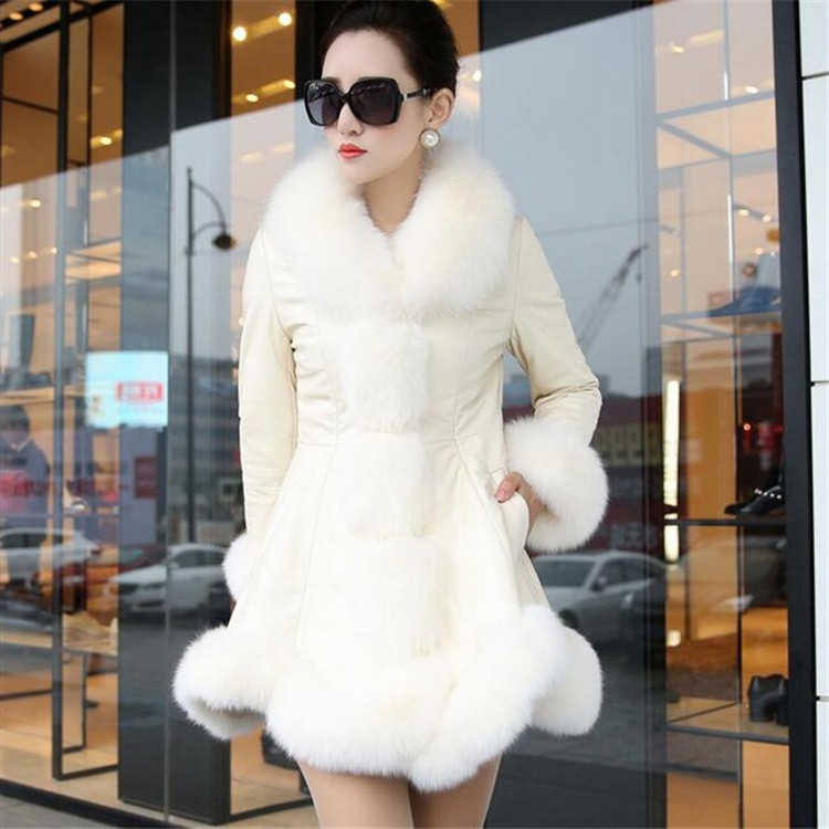 Korean winter faux fur coat, women's faux fox fur collar leather jacket, down jacket, cotton-padded jacket, long sleeves, mid-length style, slim fit