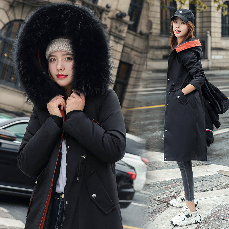 The 2021 new Korean version detachable jacket overcomes the winter trend of a mid-length, knee-length thickened cotton-padded jacket with a large fur collar details Picture