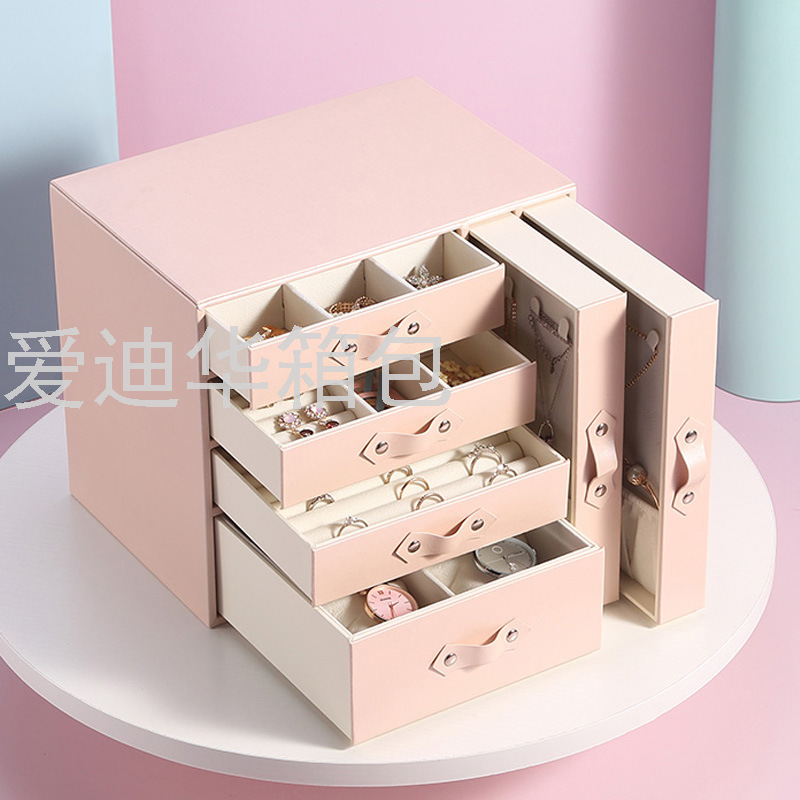 韩式清新自然带锁多层抽拉抽屉式桌面整理收纳结婚送礼首饰盒图