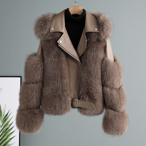 Wholesale women's clothing, Haining fur women's 2021 new style fox fur motorcycle jacket, autumn and winter young coat Specification image