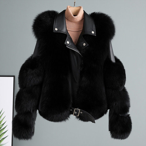 Wholesale women's clothing, Haining fur women's 2021 new style fox fur motorcycle jacket, autumn and winter young coat details Picture