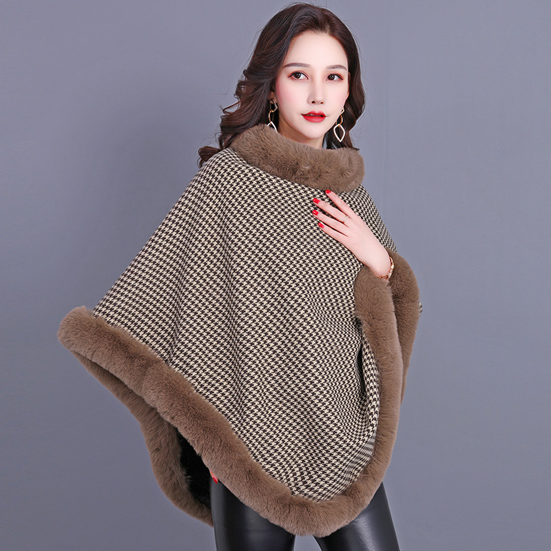 2021 New style faux fur, European and American brown women's coat, shawl and scarf, faux rex rabbit fur, medium long sleeveless checkered