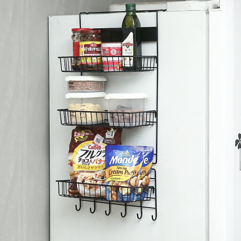 Ironwork refrigerator side hanging rack, kitchen storage rack, storage rack, wall-mounted multi-functional seasoning rack, multi-layer storage rack Item Picture