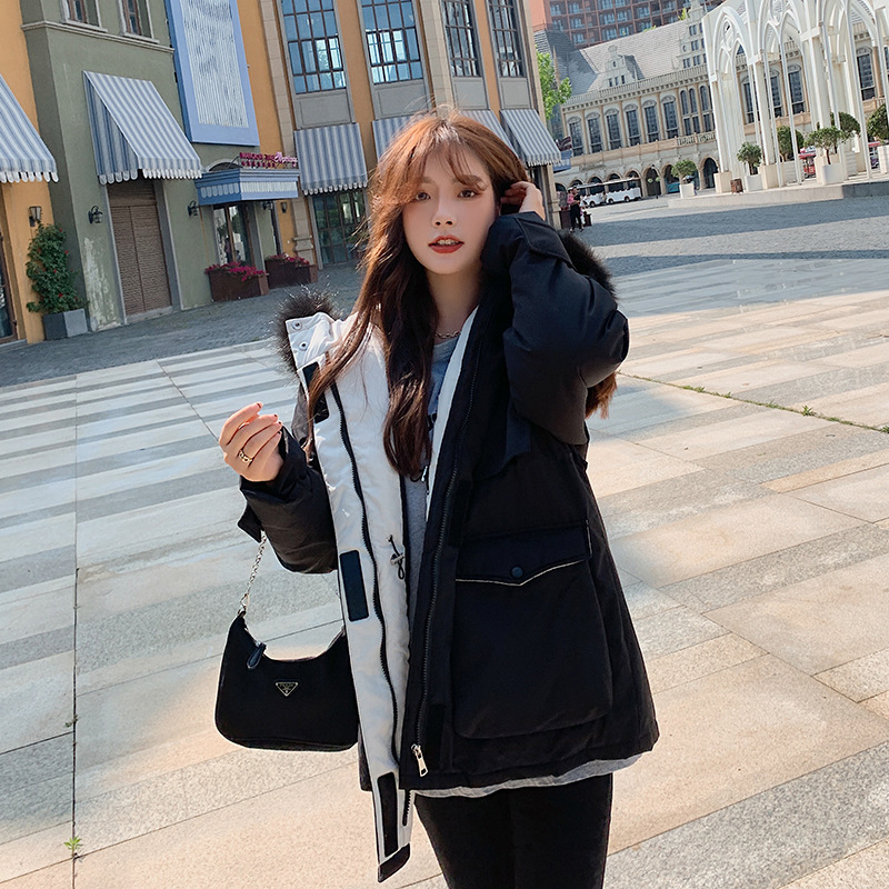 Real photos of the 2021 winter new down cotton-padded jacket for women, mid-length style, overcoming the workwear, waist-cinching and thickened fashionable cotton-padded jacket for women Application Scenario