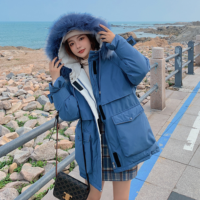 实拍2021冬季新款羽绒棉服女中长款派克服工装收腰加厚时尚棉服女