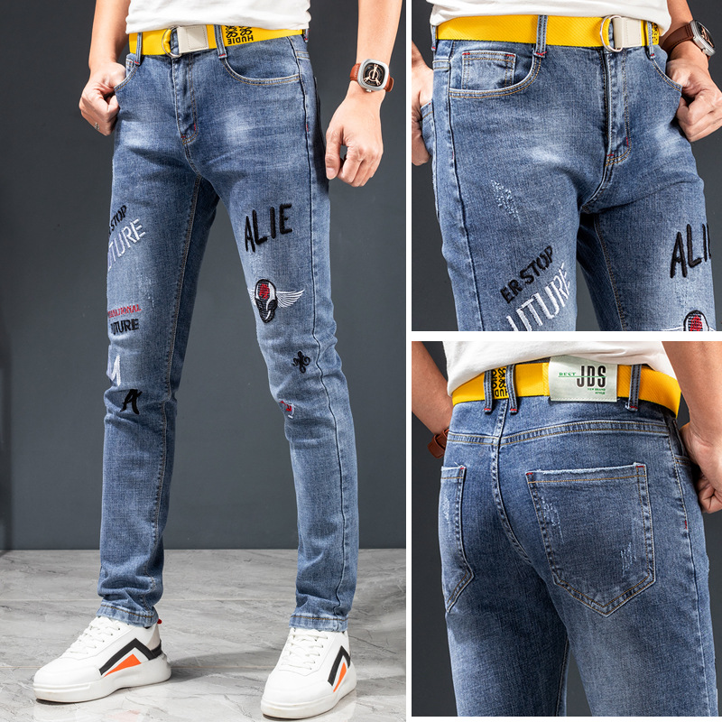 Spring and autumn new trendy brand micro-seal embroidered jeans for men, cotton-elastic, trendy, slim and casual denim long pants