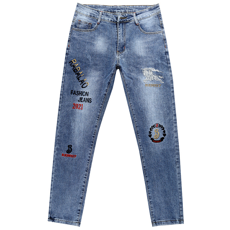 Spring and autumn new trendy brand micro-seal embroidered jeans for men, cotton-elastic, trendy, slim and casual denim long pants Item Picture