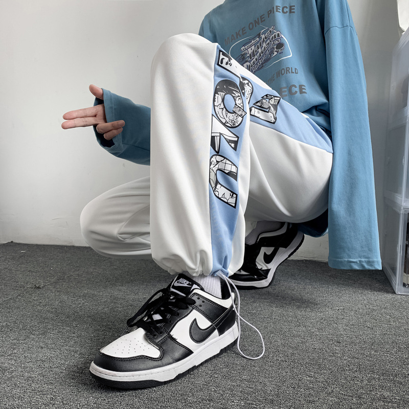 Autumn anime casual pants for men, Japanese style trendy patchwork, individual loose and cool, 9-point drawstring sports tight-fitting pants details Picture