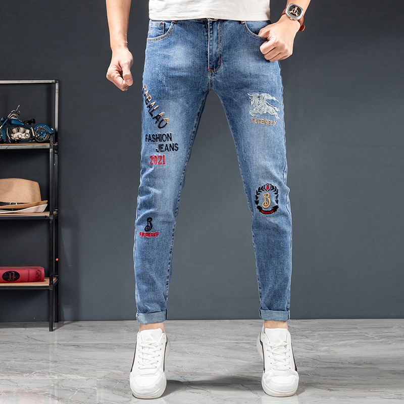 Spring and autumn new trendy brand micro-seal embroidered jeans for men, cotton-elastic, trendy, slim and casual denim long pants Application Scenario