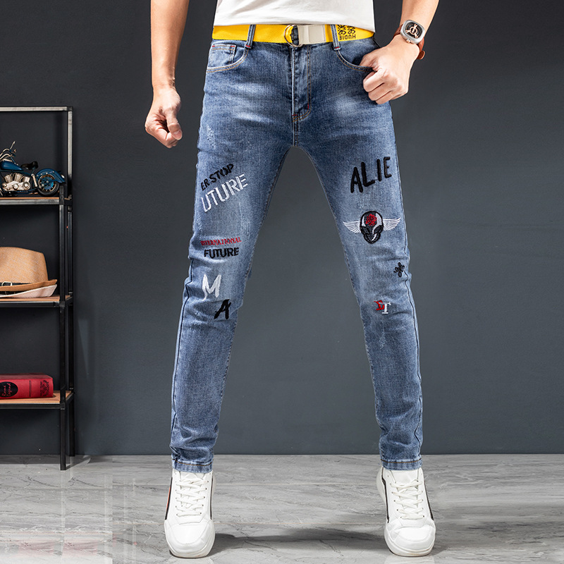 Spring and autumn new trendy brand micro-seal embroidered jeans for men, cotton-elastic, trendy, slim and casual denim long pants details Picture
