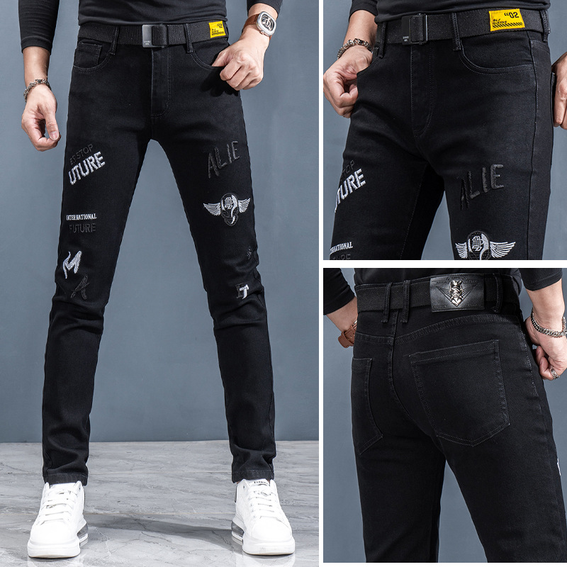 Spring and Autumn men's denim long pants, a trendy and fashionable Korean-style slim stretch casual skinny jeans for men