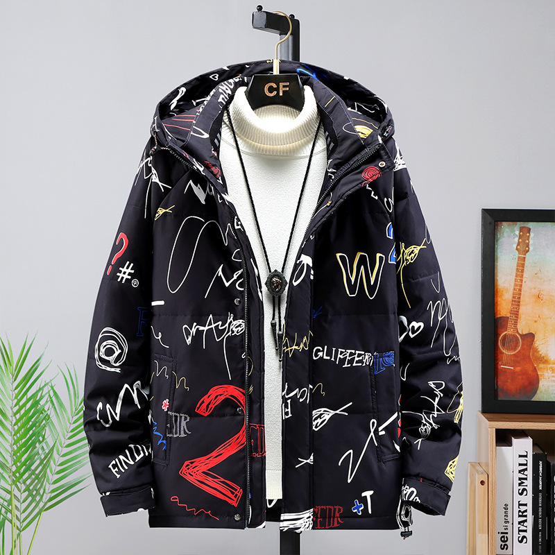 Douyin and Kuaishou live streaming factory direct sales of exclusive down jackets, the same style for men and women, graffiti thickened warm outerwear, trendy details Picture