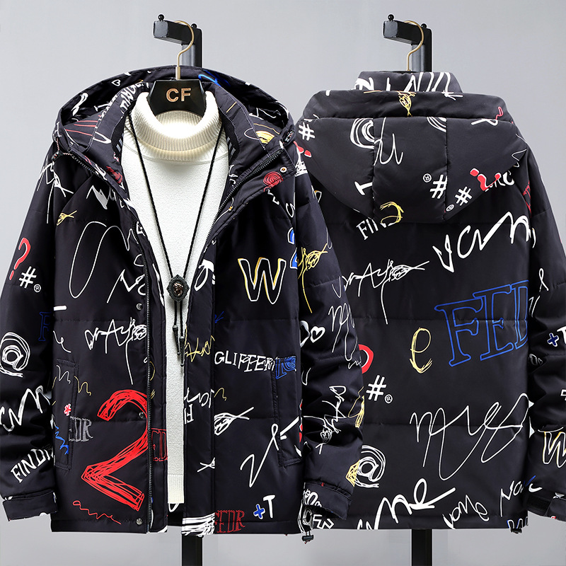 Douyin and Kuaishou live streaming factory direct sales of exclusive down jackets, the same style for men and women, graffiti thickened warm outerwear, trendy Specification image