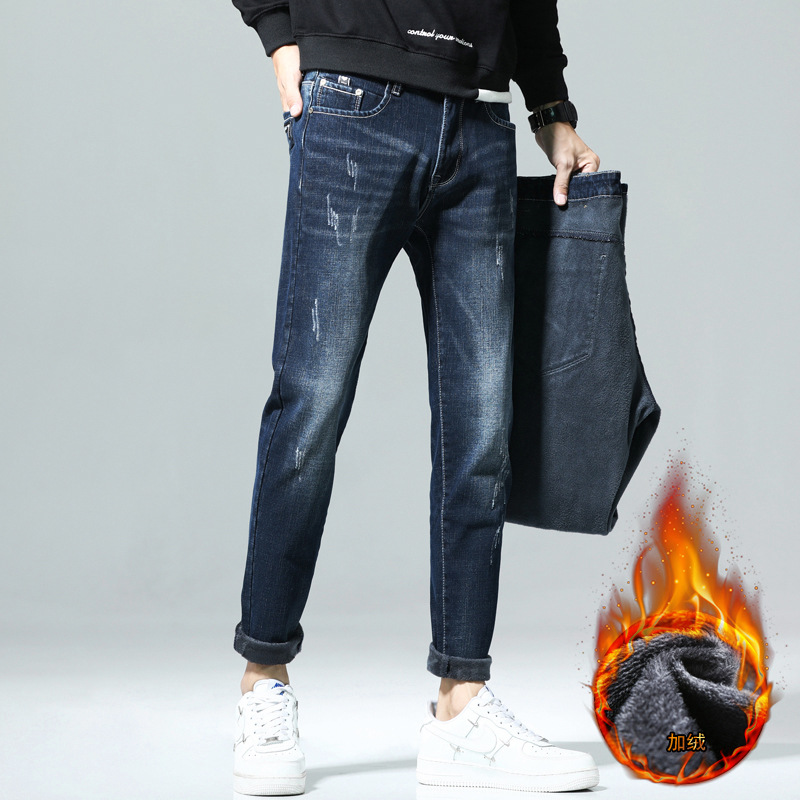 Winter fleece and thickened high-quality men's stretch loose straight-leg warm and trendy jeans manufacturer wholesale details Picture