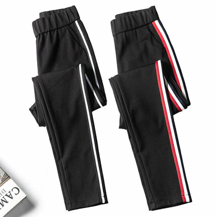 Spring and summer high-waisted nine-inch pants for women, sporty, elastic, slimming, casual, large-sized, Korean-style striped, petite Haren women's trousers Item Picture