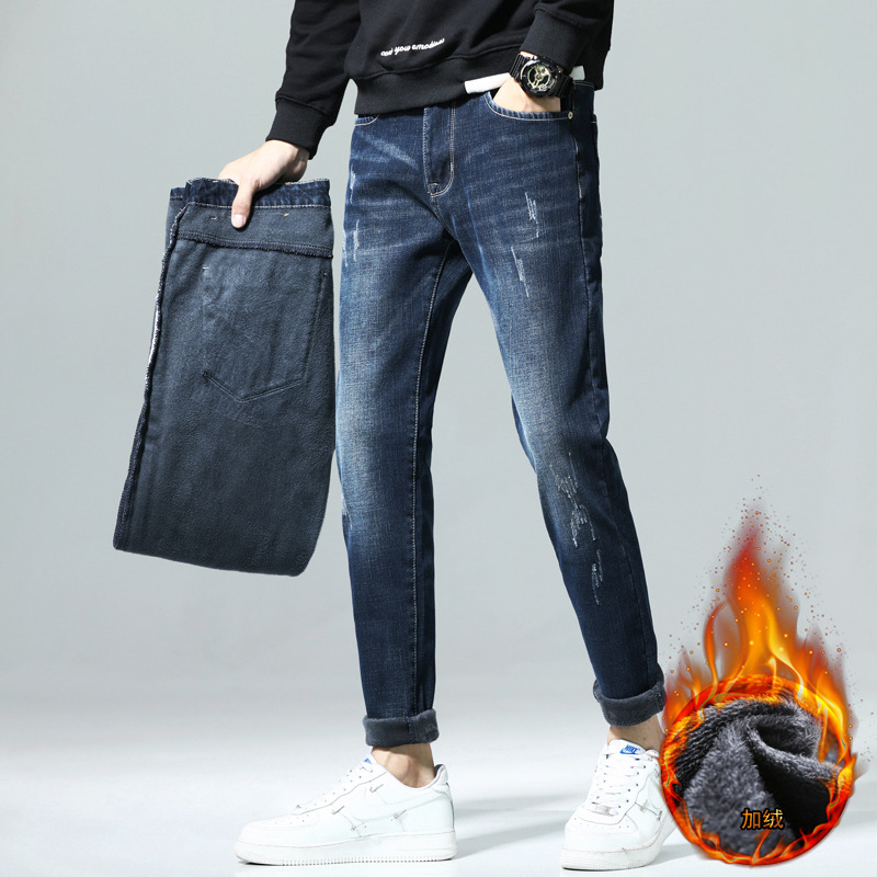 Winter fleece and thickened high-quality men's stretch loose straight-leg warm and trendy jeans manufacturer wholesale