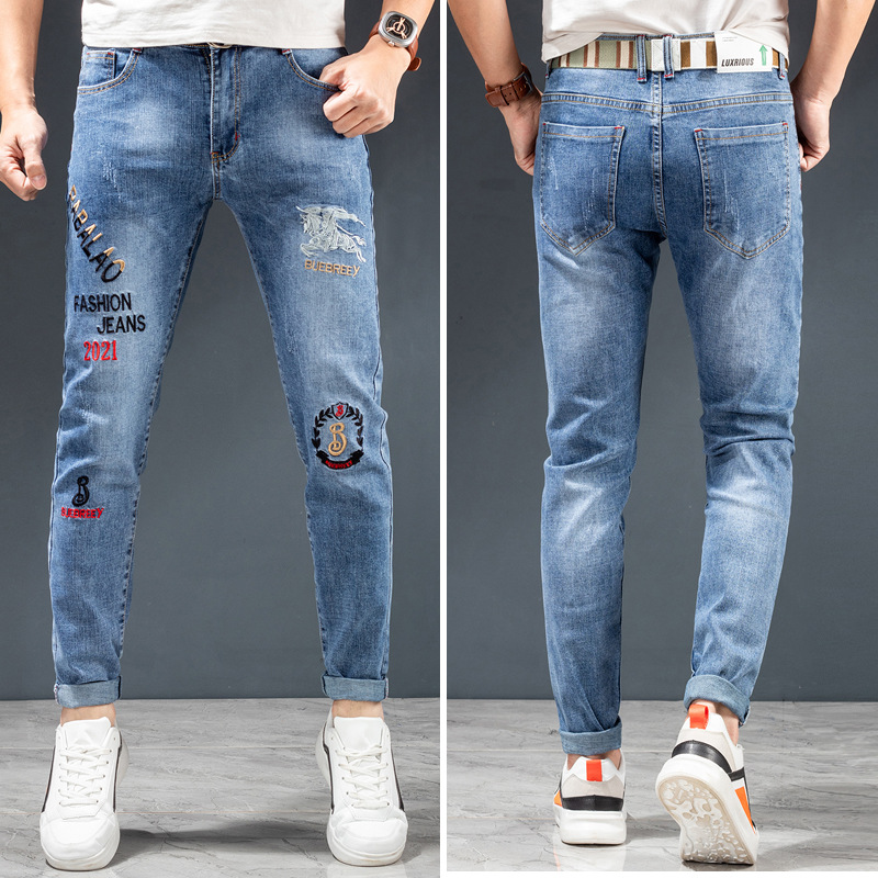 Spring and autumn new trendy brand micro-seal embroidered jeans for men, cotton-elastic, trendy, slim and casual denim long pants Specification image