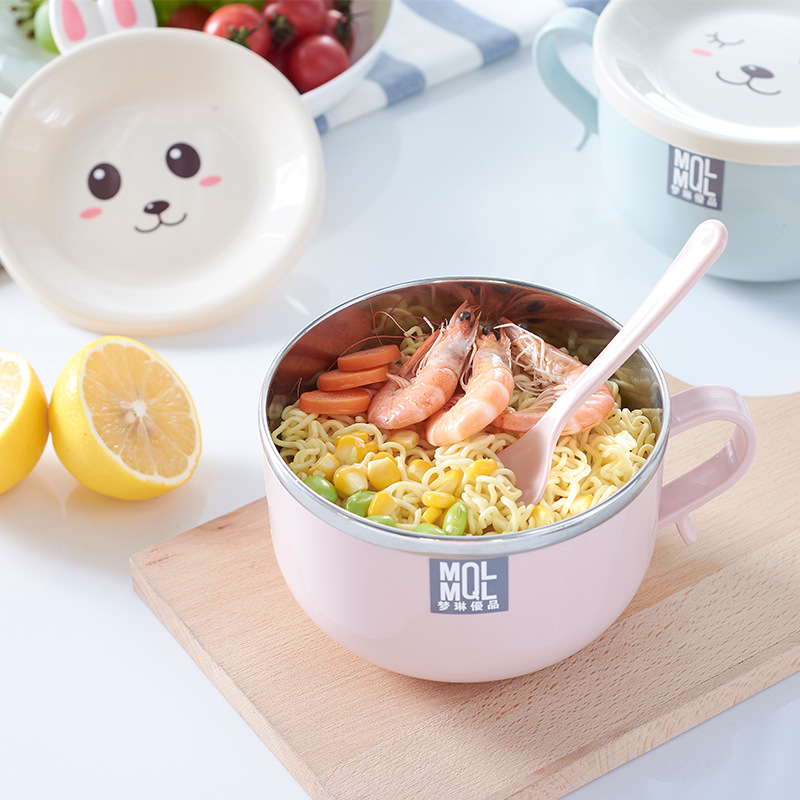 Stainless steel Korean-style cartoon rabbit with lid children's instant noodle bowl, plastic insulated lunch box, bento box, meal box wholesale details Picture