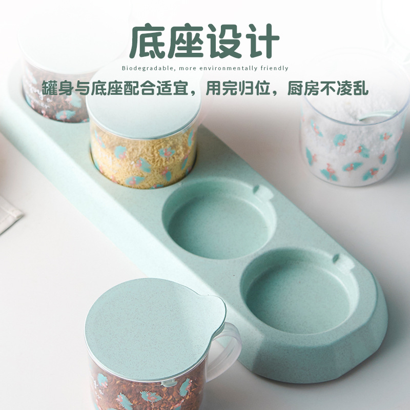 A round transparent seasoning box with a base and flamingo print, featuring three or four compartments, is a dust-proof kitchen seasoning storage jar Application Scenario