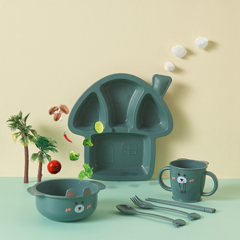 儿童餐具礼品套装 创意竹纤维宝宝辅食分格餐盘碗杯叉勺子五件套