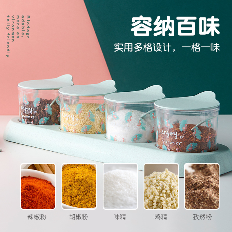 A round transparent seasoning box with a base and flamingo print, featuring three or four compartments, is a dust-proof kitchen seasoning storage jar Specification image