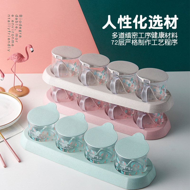 A round transparent seasoning box with a base and flamingo print, featuring three or four compartments, is a dust-proof kitchen seasoning storage jar details Picture