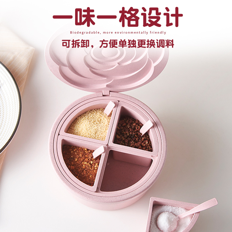Wheat fragrance rose lid seasoning box, detachable compartments, dust-proof seasoning storage jar, kitchen press-flip lid box Application Scenario