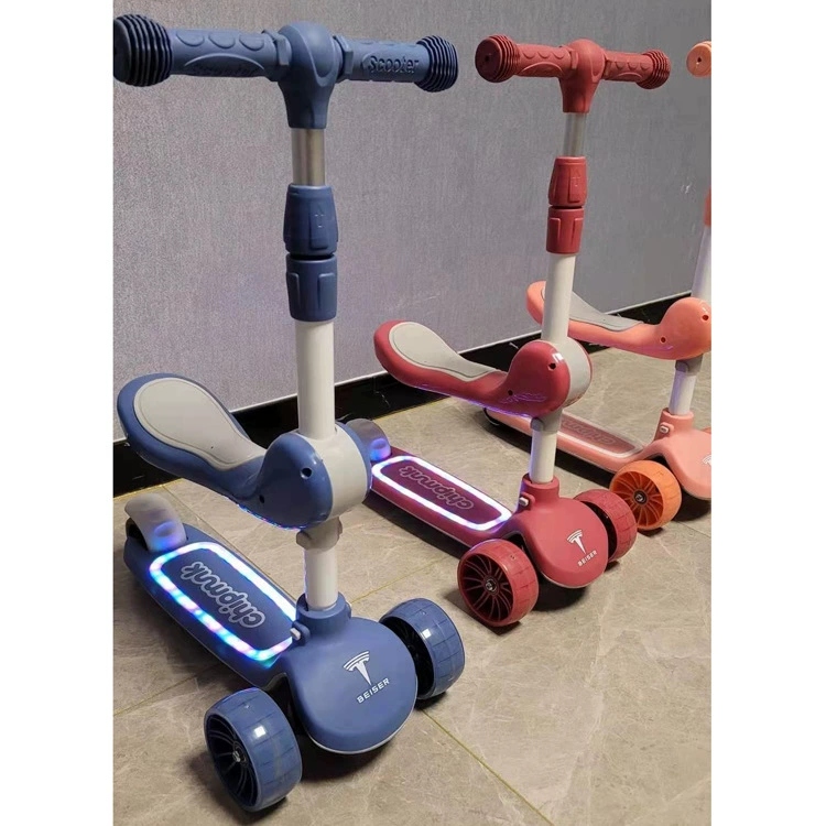 New children's electric scooter with flashing light and seat, plastic flashing three and four-wheel pedal, gift wholesale h Item Picture