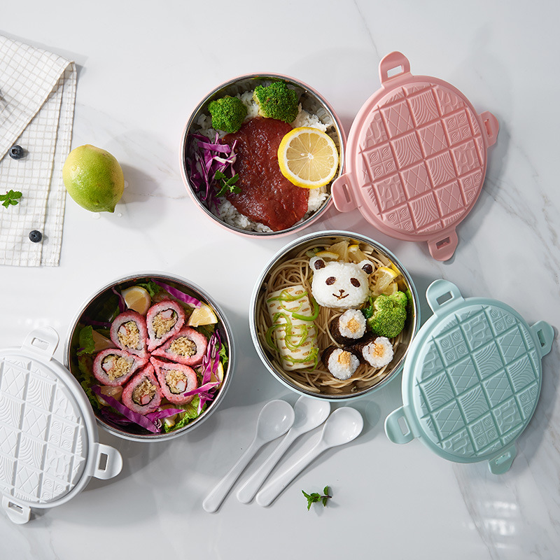 Creative and simple stainless steel lunch box, heat-insulating and anti-scald children's lunch bowl, double-layer round lunch box details Picture