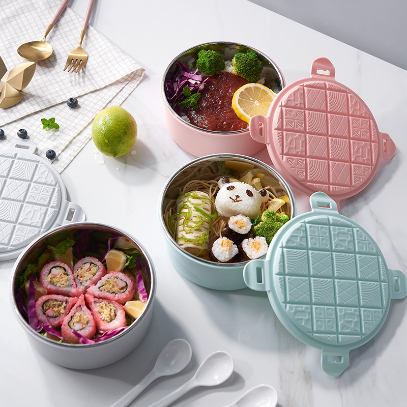 Creative and simple stainless steel lunch box, heat-insulating and anti-scald children's lunch bowl, double-layer round lunch box Application Scenario