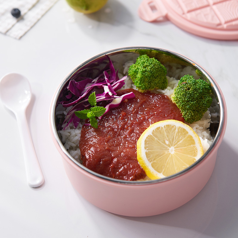Creative and simple stainless steel lunch box, heat-insulating and anti-scald children's lunch bowl, double-layer round lunch box Specification image