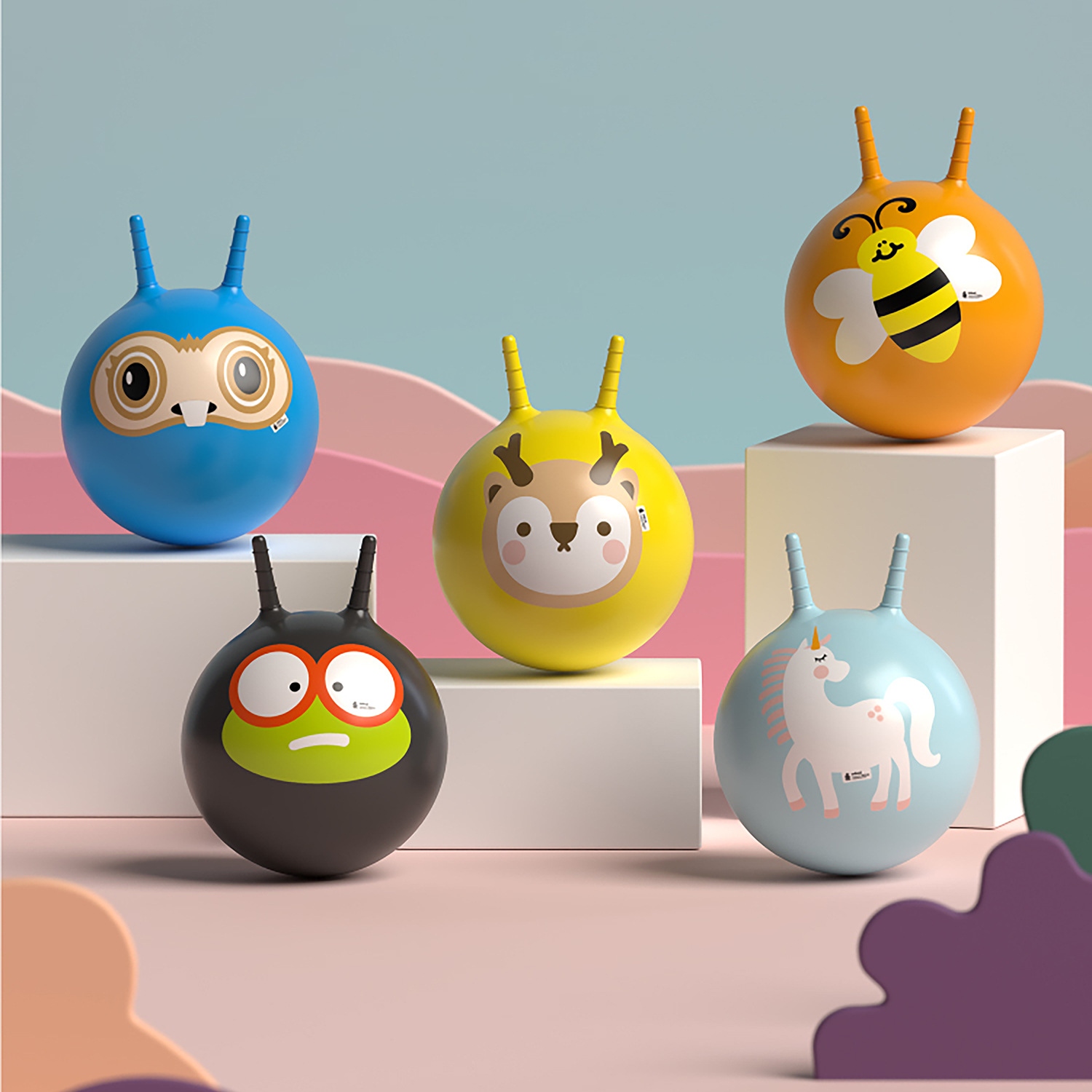 Wholesale of PVC handle balls for sheep horn balls, cartoon jumping balls, children's toys, cross-border best-selling full-size pf full figure