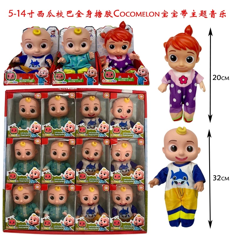Wholesale of cross-border new 14-inch watermelon school bus doll with full-body vinyl Cocomelon baby with music box full figure