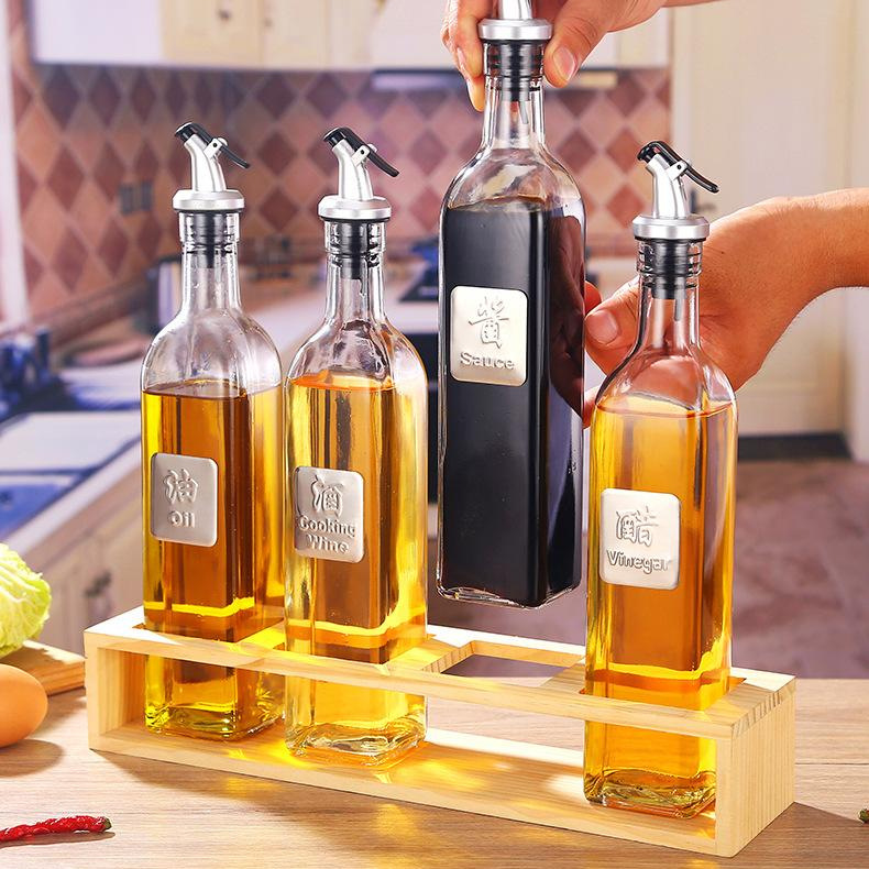 Household glass anti-hanging oil press square oil bottle, transparent oil pot, soy sauce and vinegar bottle, cooking wine anti-leakage seasoning bottle set