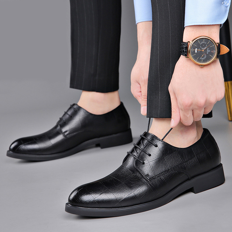 Leather shoes, men's leather, Korean business formal wear, pointy tip, versatile summer trend, breathable black groom's wedding shoes, men