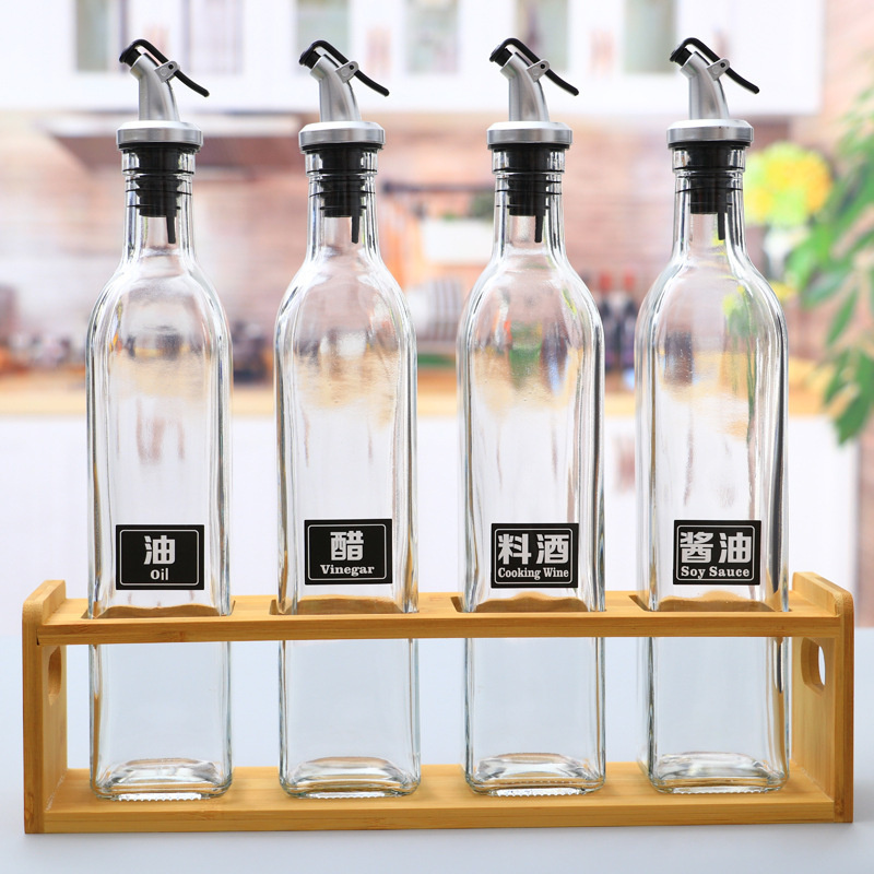 Household glass anti-hanging oil press square oil bottle, transparent oil pot, soy sauce and vinegar bottle, cooking wine anti-leakage seasoning bottle set details Picture