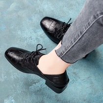 Women's shoes 202 autumn new black first layer checked cowhide loafers lace-up small shoes low heel two wear single shoes