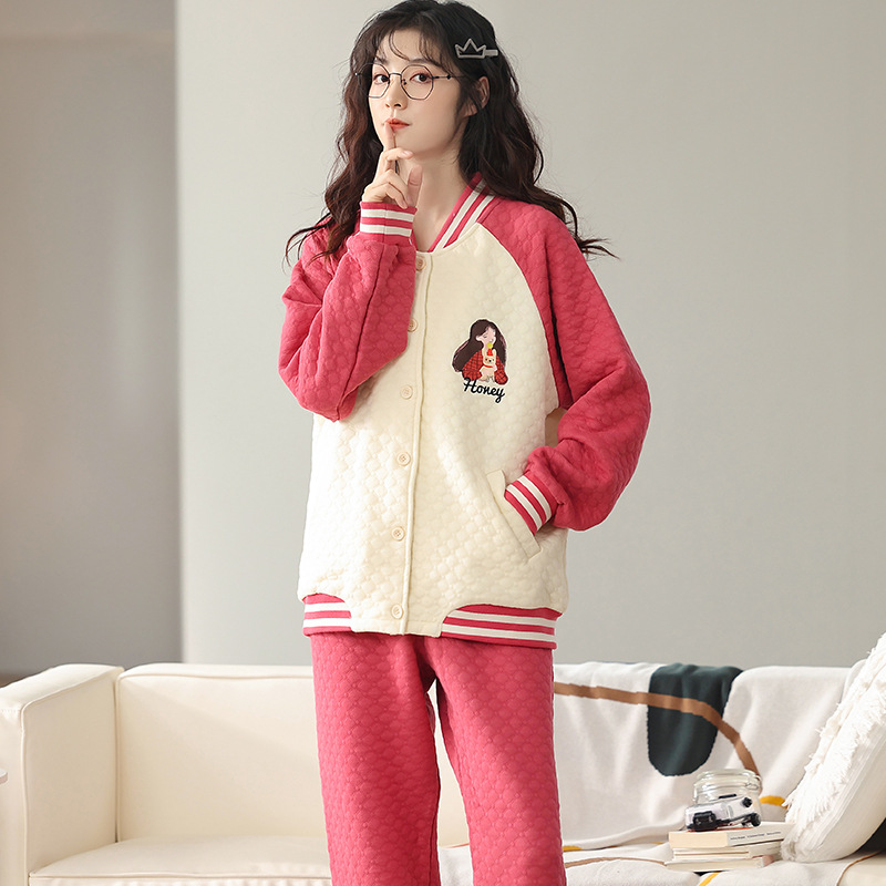 Autumn and winter women's long-sleeved pajamas three-layer pure cotton thickened warm air cotton interlayer cotton home baseball collar suit set Specification image