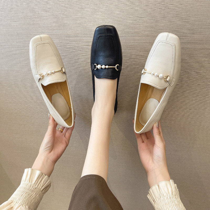 First layer cowhide high-heeled shoes female 202 autumn new leather single shoe square head covered shoes a generation of women's shoes tide