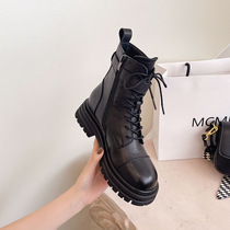 Top layer cove Leather Martin boots woman 202 autumn/winter new British style side zipper platform ankle boots a hair replacement leather boots