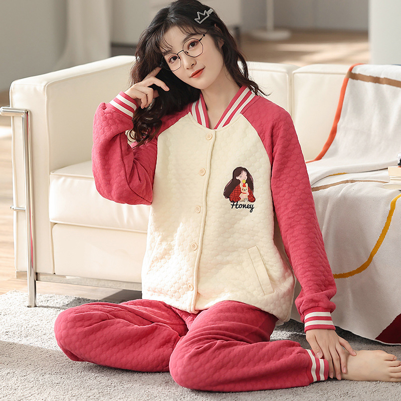 Autumn and winter women's long-sleeved pajamas three-layer pure cotton thickened warm air cotton interlayer cotton home baseball collar suit set details Picture
