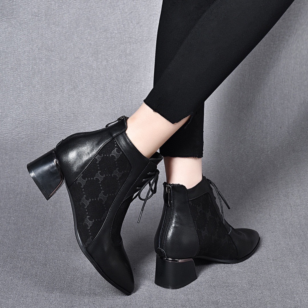 女靴202秋冬新款黑色头层牛皮弹力绒尖头短靴后拉链中跟黑色短靴